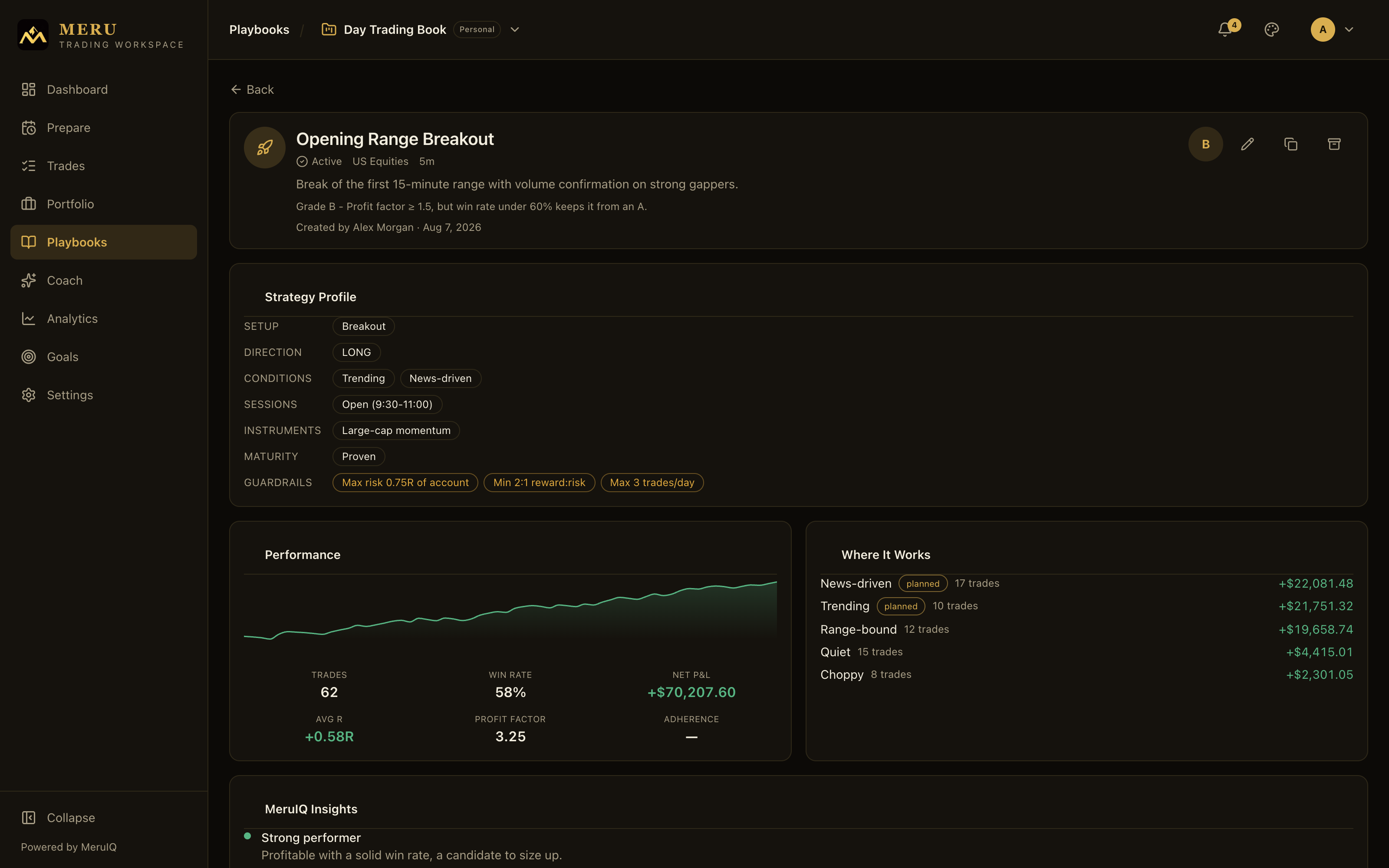 Playbook detail page with Strategy Profile, Performance, and Where It Works