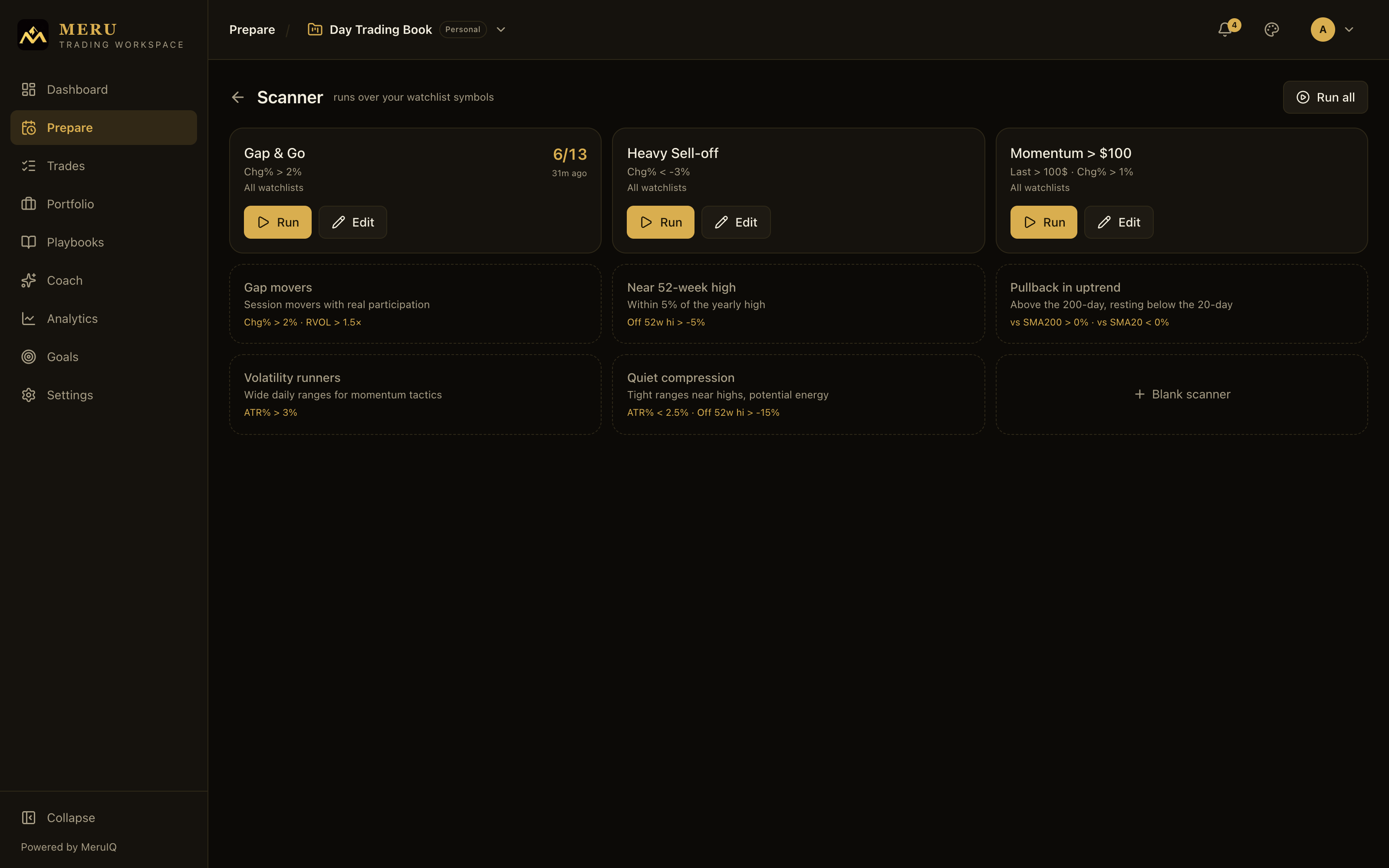 The Scanner page with saved scanner cards, templates and the Run all button