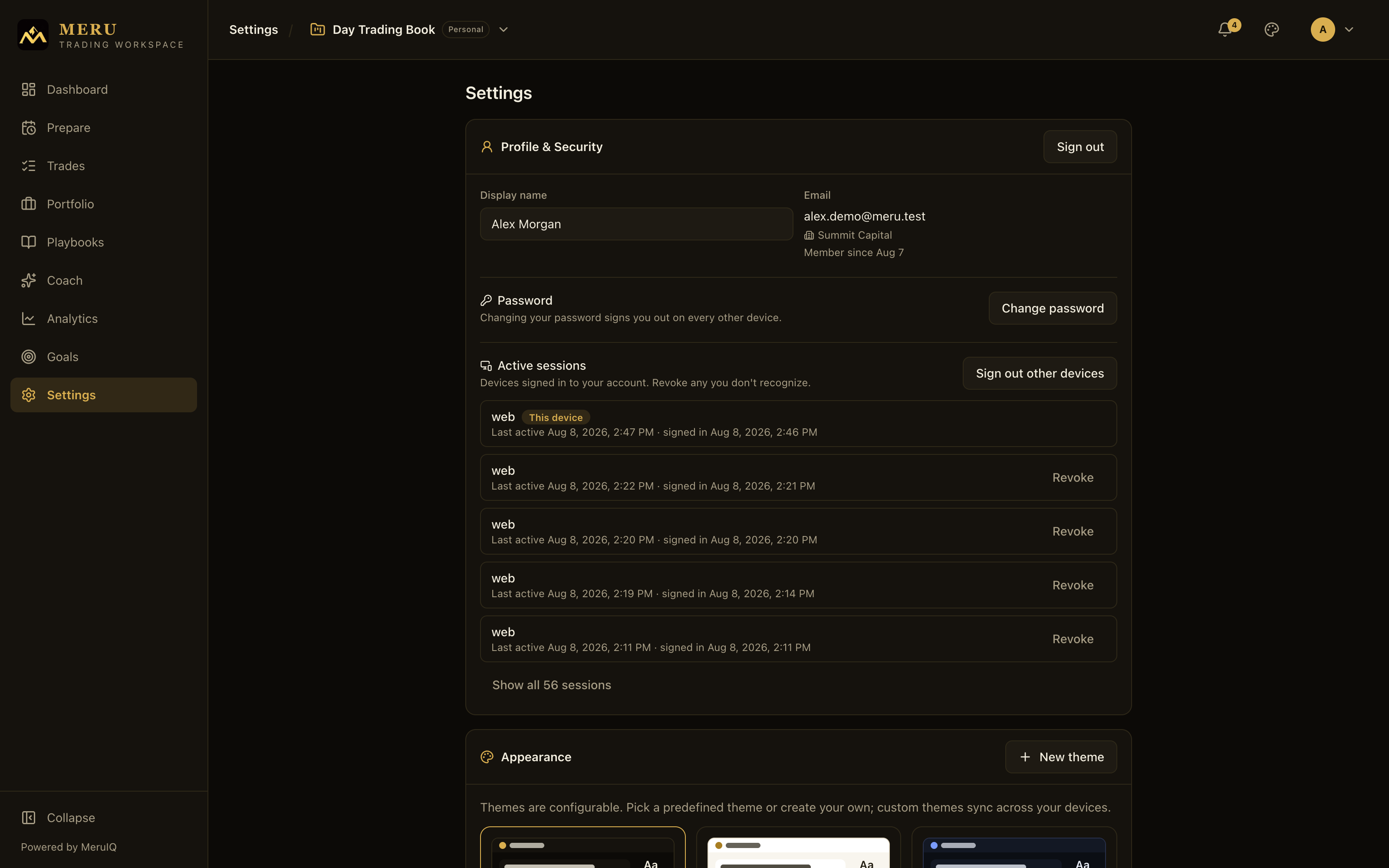 The Profile and Security card with display name, email, and sign out