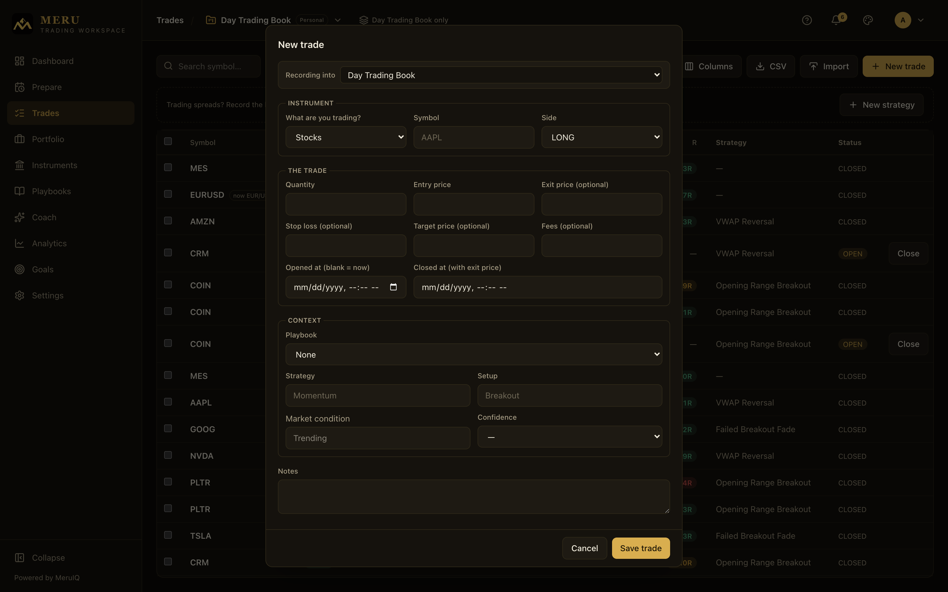 The New trade dialog with symbol, side, price, risk, and context fields