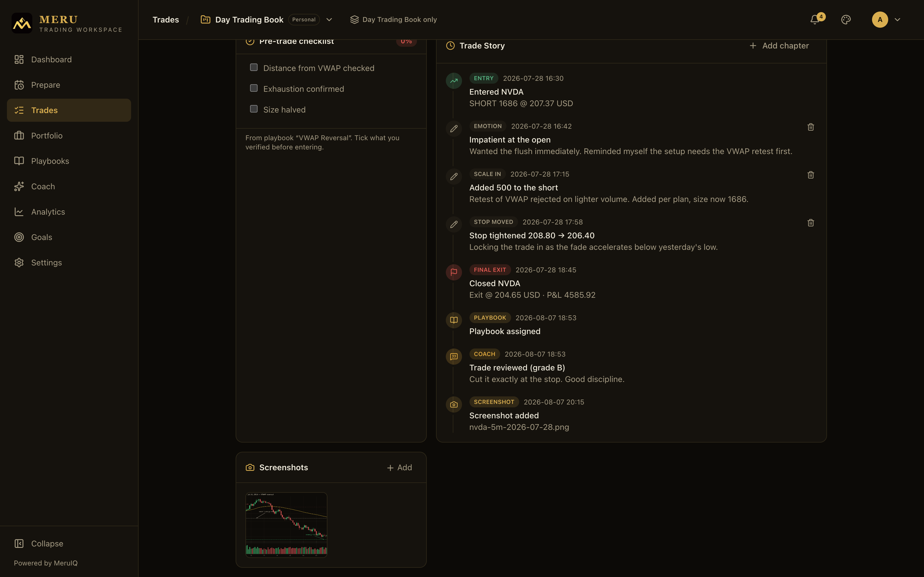 The Trade Story timeline with system events and manual chapters